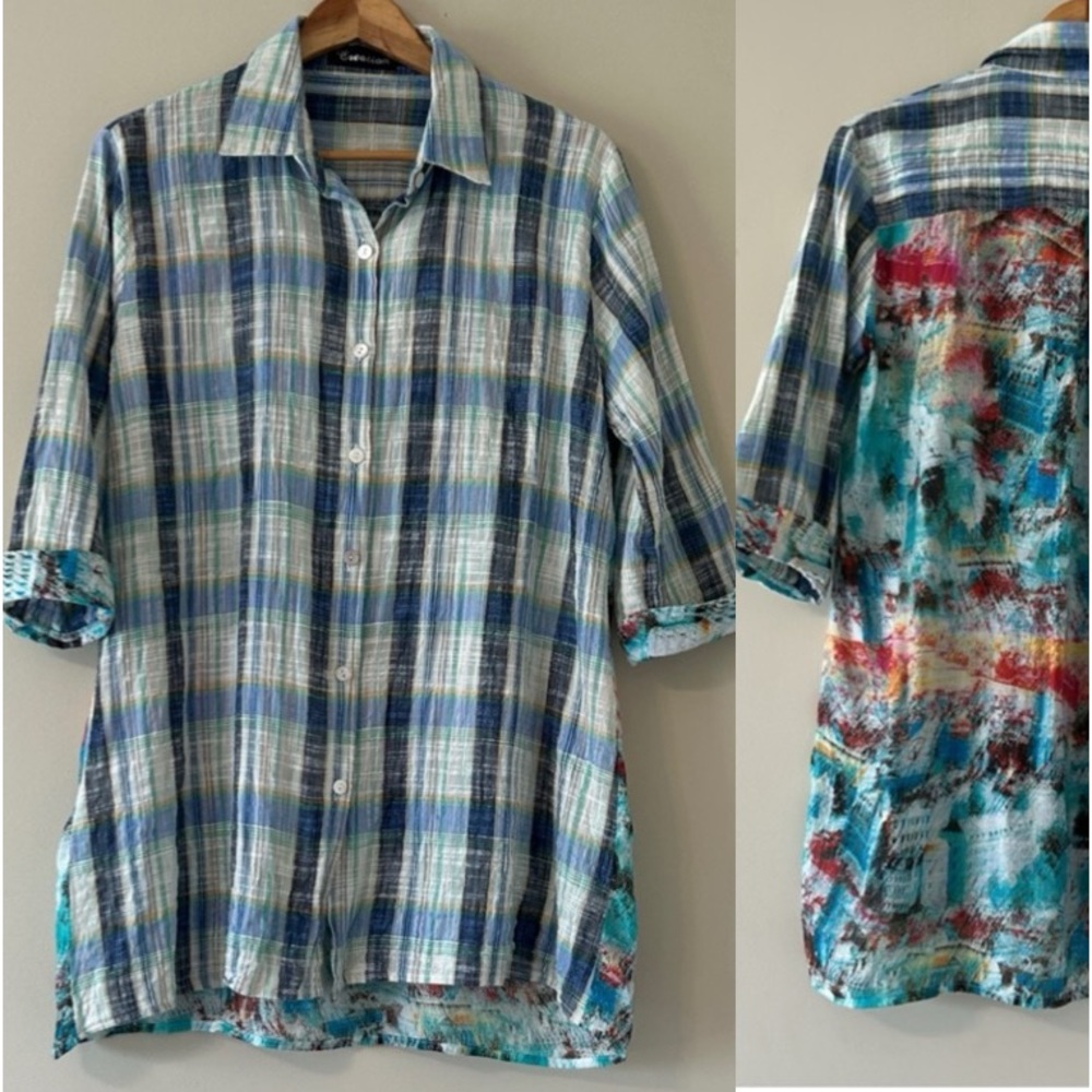 Creation Plaid Button Down Mix Media Blouse XL 3/4 Sleeve